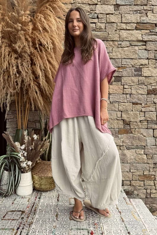 Pure Cotton Santos Keyhole Drape Back Top Indian Pink